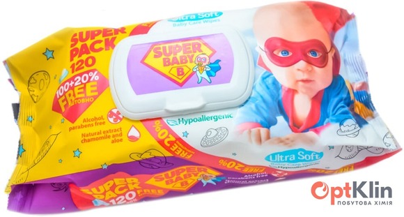  Дитячі вологі серветки Super Baby ромашка та алое 120 шт.